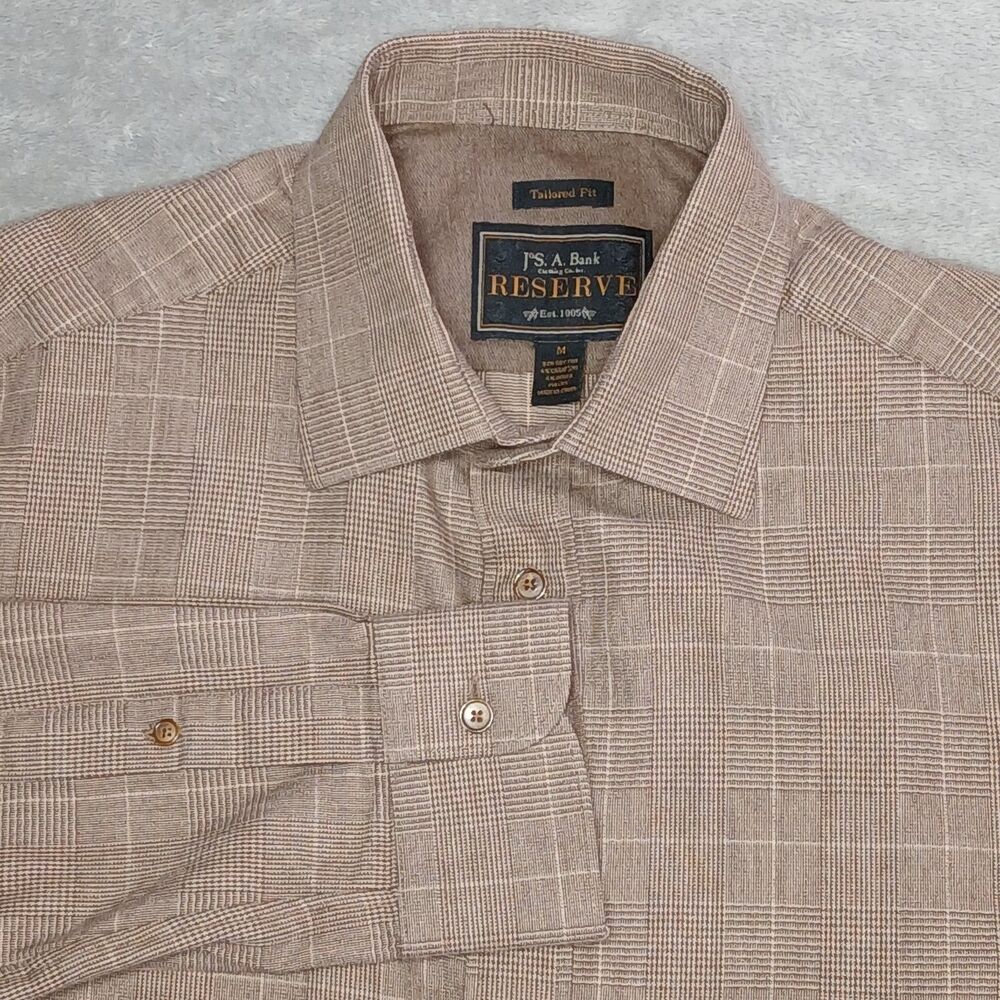 Jos A Bank Reserve Mens M Medium Brown Glen Plaid Cotton Cashmere Shirt Preppy
